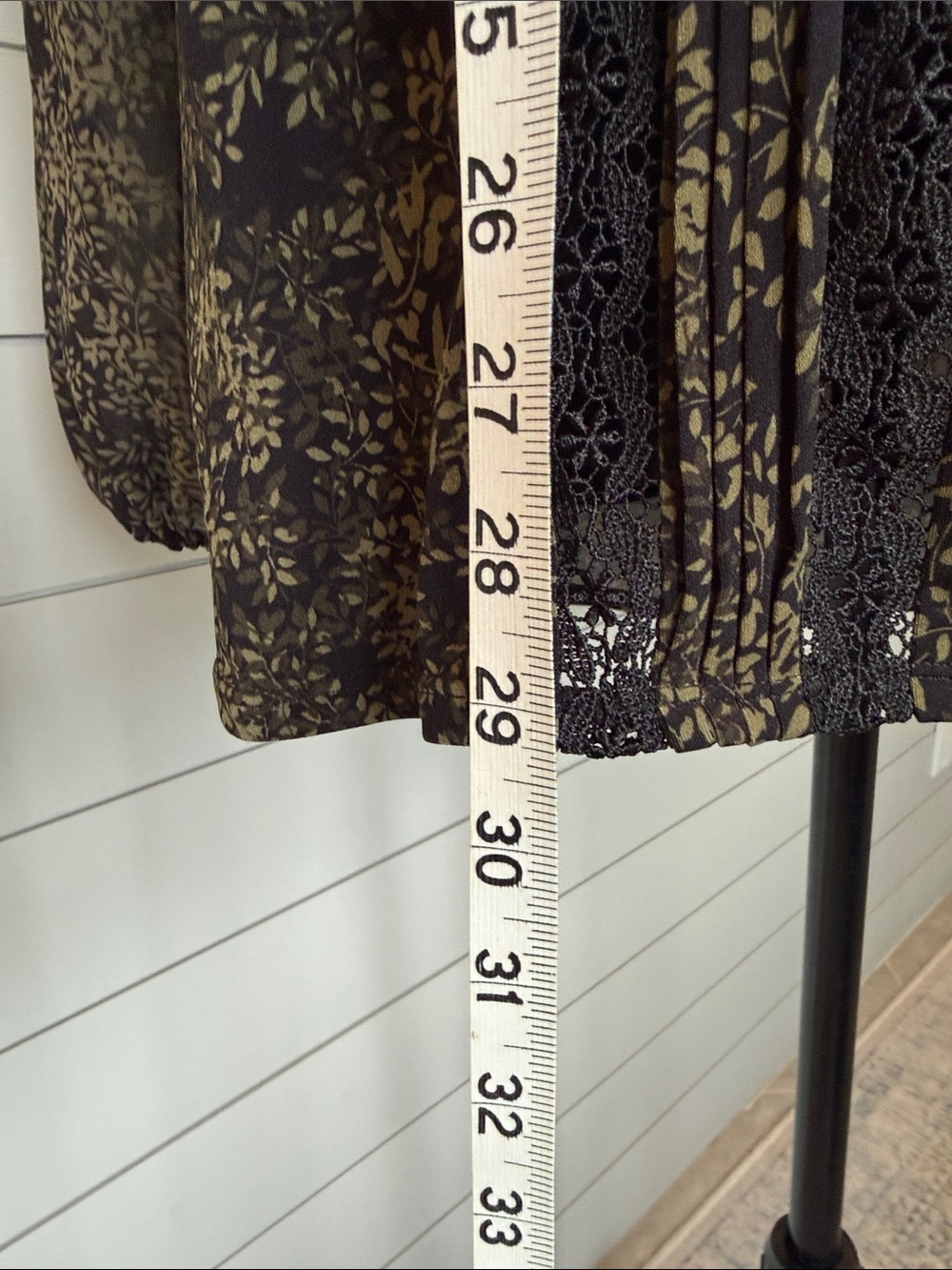 White House Black Market Black and Olive Floral Lace-Trim Blouse - Picture 5 of 5